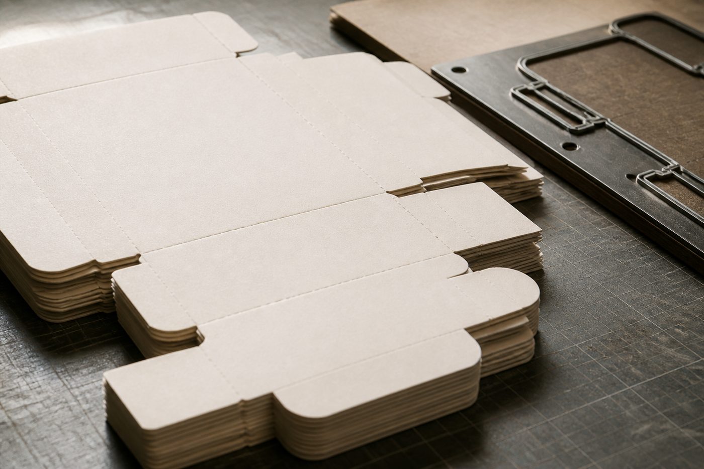 Die-cut carton blanks on the cutting table