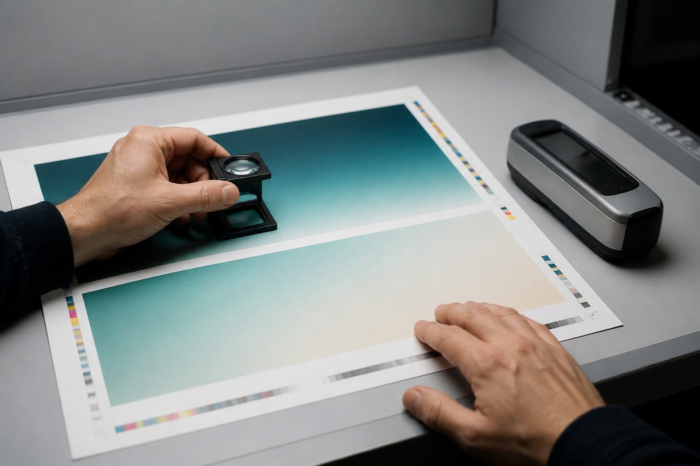 Checking a press proof under a viewing booth