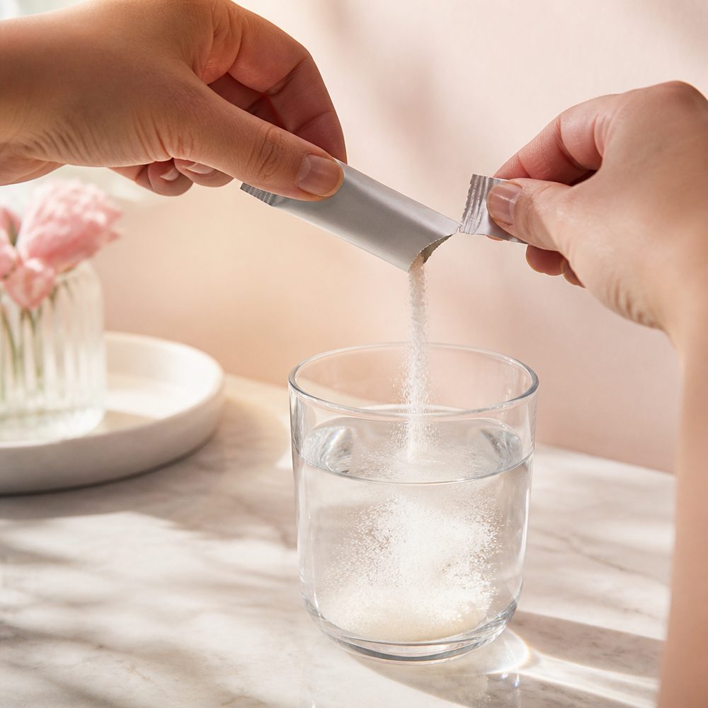 Tearing open a sachet and pouring the powder into water