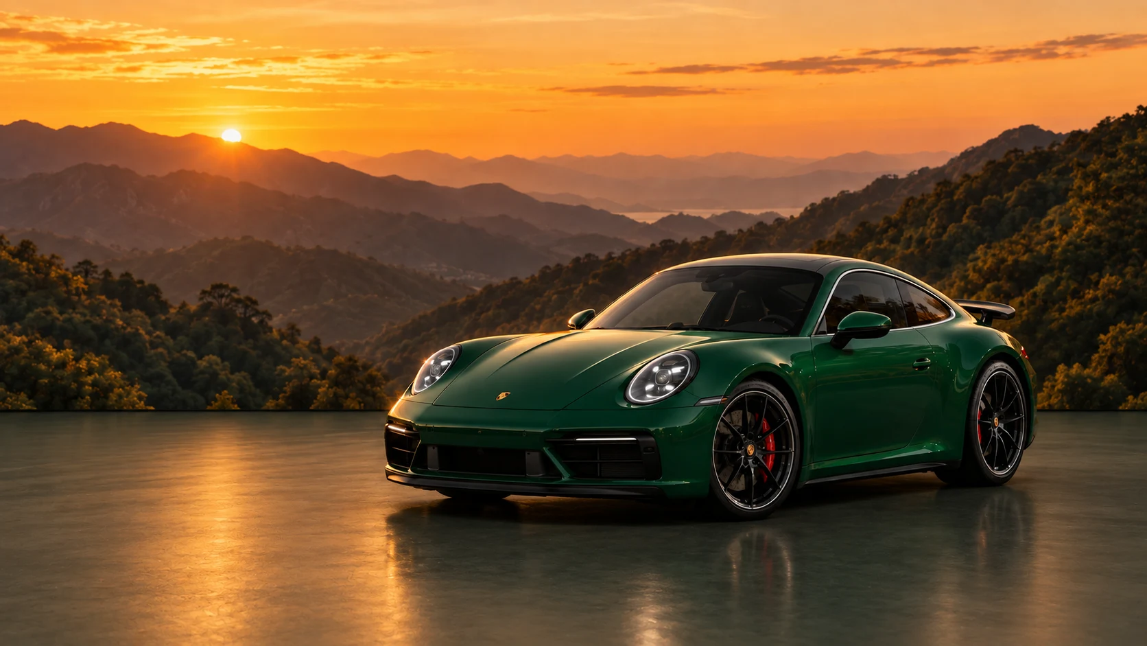 Irish Green Porsche on a smooth studio floor with a golden mountain backdrop