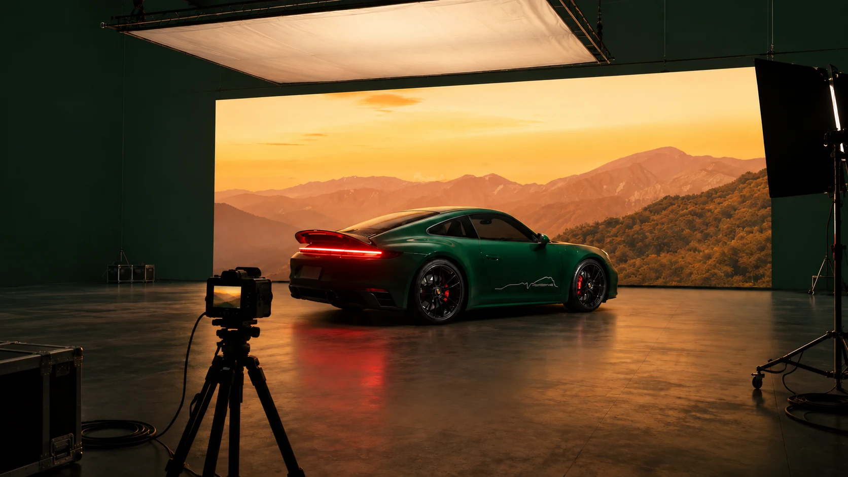Studio environment reconstruction with green Porsche, mountain projection and overhead diffusion
