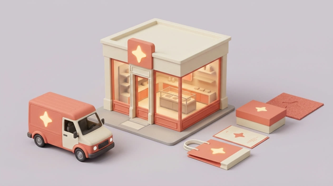 The finished store, delivery van and collateral, all sharing one visual system